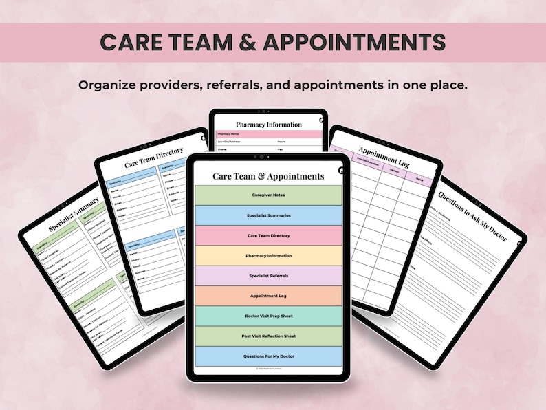 Health Planner pages to organize provider directory, appointment prep sheets, visit notes, and care team details for medical coordination.