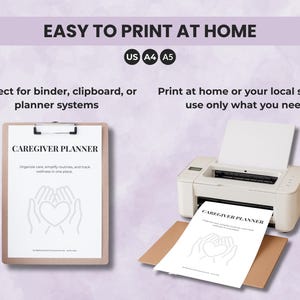 Caregiver planner printable in PDF — easy to print at home in US Letter, A4, or A5 sizes for binder organization