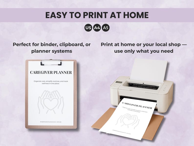 Caregiver planner printable in PDF — easy to print at home in US Letter, A4, or A5 sizes for binder organization