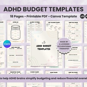 May include: ADHD budget templates with 18 pages, printable PDF, and Canva template options. The templates include account information, savings jar, bi-weekly paychecks, debt avalanche tracker, money goal builder, and a monthly cash calendar. Made by a licensed occupational therapist.
