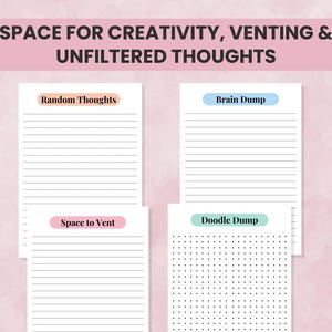 Printable ADHD brain dump journal pages with lined sections for creativity, venting, reflection, doodles, and emotional release.