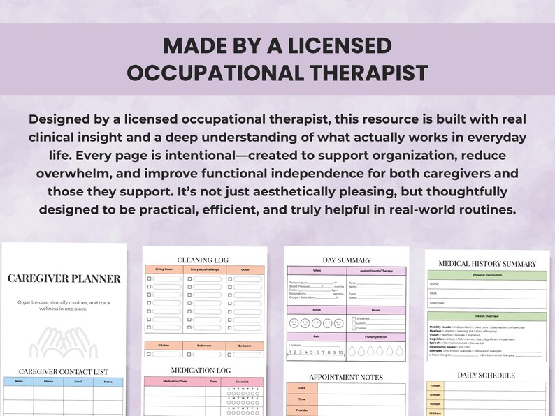 Printable caregiver binder pages including logs, trackers, and care planning templates