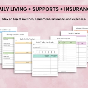 Printable medical planner pages for energy budgets, meal planning, daily routines, equipment and supports, insurance claims, and expenses.