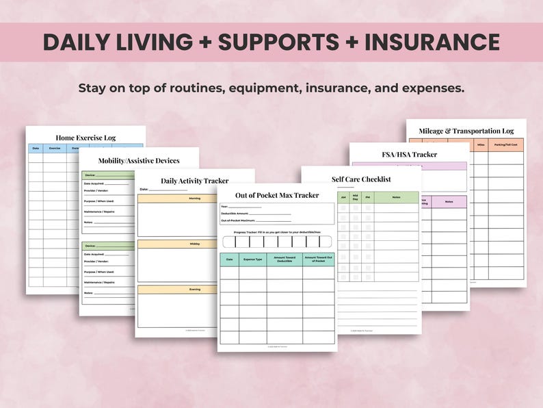 Printable medical planner pages for energy budgets, meal planning, daily routines, equipment and supports, insurance claims, and expenses.