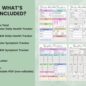 What’s included in the Daily Health & Symptom Tracker — four printable pages (color and black & white) with US Letter size.