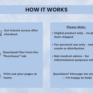 How it works — purchase online, download instantly, print or edit in Canva, and start organizing your cleaning routine.