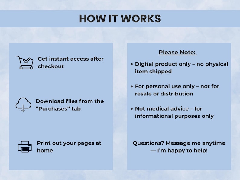 How it works — purchase online, download instantly, print or edit in Canva, and start organizing your cleaning routine.