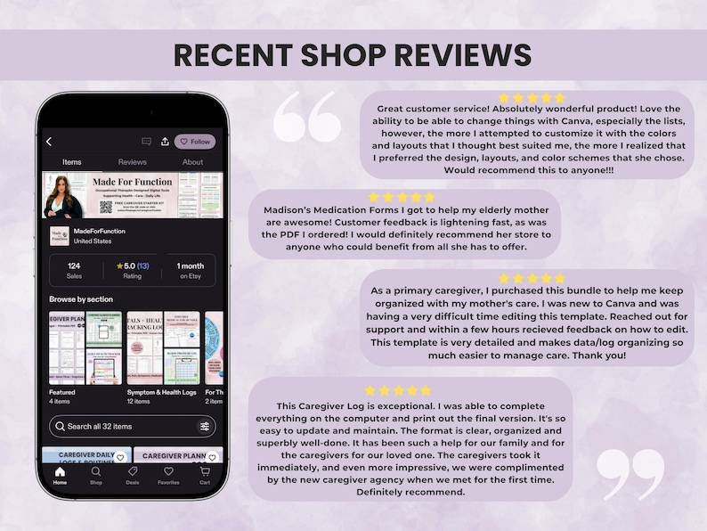 Customer reviews and testimonials for caregiver planner printable products
