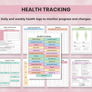 Health Planner pages including symptom tracker, pain diary, vitals log, sleep, fatigue, and energy monitoring.