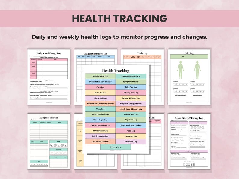 Health Planner pages including symptom tracker, pain diary, vitals log, sleep, fatigue, and energy monitoring.