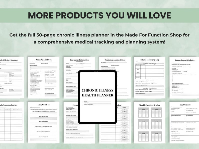 Explore additional printable health planners, symptom trackers, and caregiver tools in the Made for Function Etsy shop.