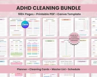 Editable ADHD Cleaning Checklist Bundle, ADHD Cleaning Planner, Deep Cleaning Cards, Family Cleaning Schedule, Decluttering Organizer