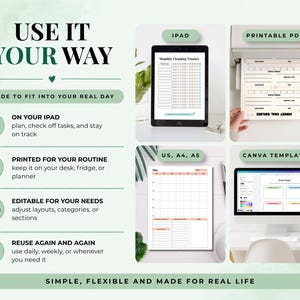 May include: A digital planner system featuring a monthly cleaning tracker on an iPad, a printed document from a printer, a monthly calendar page, and a Canva template on a computer monitor. The text reads USE IT YOUR WAY and MADE TO FIT INTO YOUR REAL DAY.