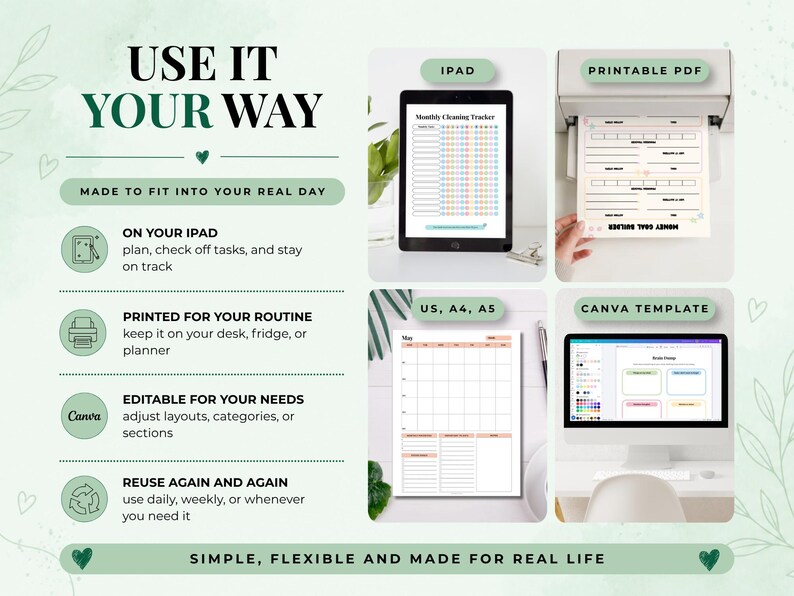 May include: A digital planner system featuring a monthly cleaning tracker on an iPad, a printed document from a printer, a monthly calendar page, and a Canva template on a computer monitor. The text reads USE IT YOUR WAY and MADE TO FIT INTO YOUR REAL DAY.