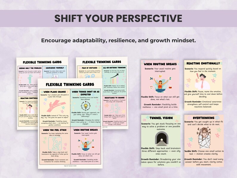 Flexible Thinking Cards that promote resilience, adaptability, and growth mindset. Visual executive functioning tools for emotional flexibility and self-awareness.