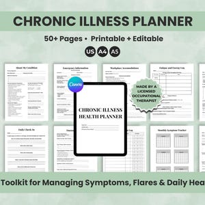 Può includere: Un pianificatore digitale per malattie croniche con oltre 50 pagine, stampabile e modificabile. Include sezioni per la storia medica, i check-in giornalieri e il monitoraggio dei sintomi. Progettato per gestire i sintomi, le riacutizzazioni e la salute quotidiana.