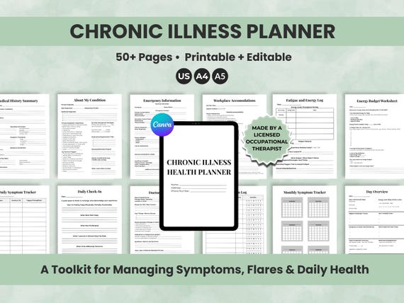 Chronic Illness Health Planner Printable PDF, Editable Symptom Tracker, Medical Log & Emergency Binder, Ehlers Danlos, POTS, Fatigue, Pain