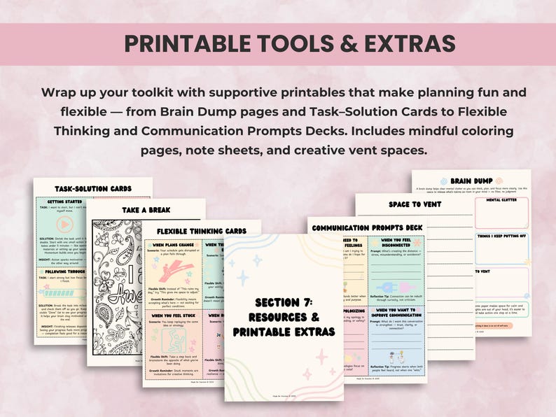 Additional printable worksheets, charts, and executive function visuals for therapy, classrooms, and coaching sessions.
