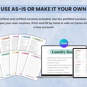 Editable and printable cleaning cards shown in Canva and PDF format with customizable text.