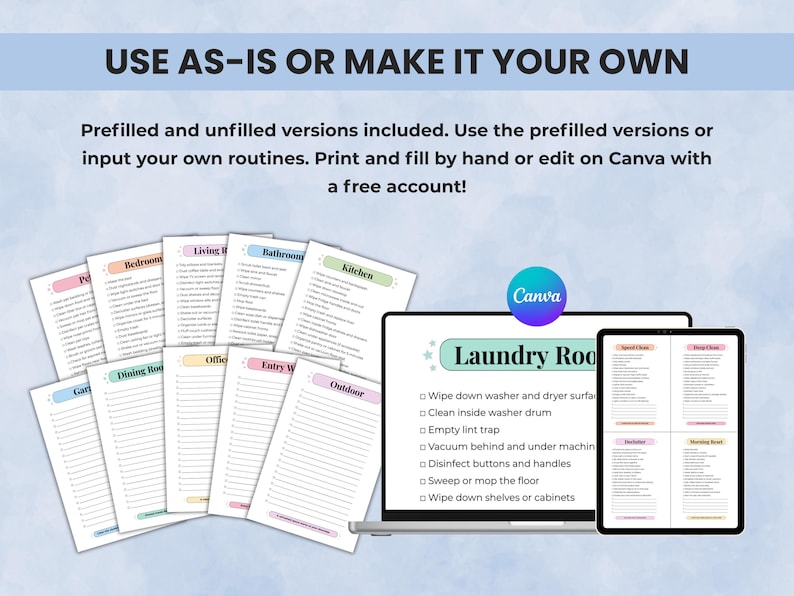 Editable and printable cleaning cards shown in Canva and PDF format with customizable text.