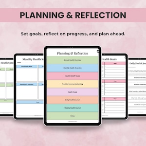 Health Planner pages for SMART goals, weekly health journal, reflection worksheets, and annual health review.