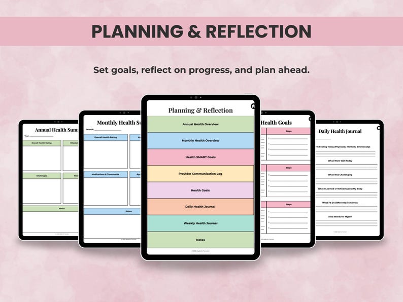 Health Planner pages for SMART goals, weekly health journal, reflection worksheets, and annual health review.
