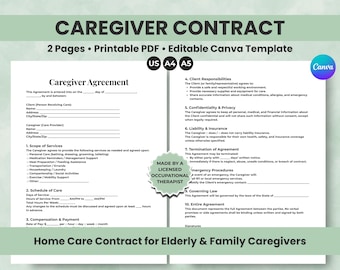 Editable Caregiver Contract Template, Elder Home Care Agreement (PDF + Canva)