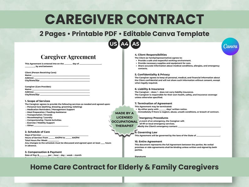 Home Care Form.pdf Editable Caregiver Contract, Printable Home Care Agreement, PDF + Canva ...