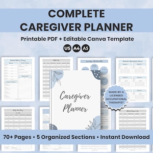 Puede incluir: Un planificador completo para cuidadores con PDF imprimible y plantilla Canva editable. La portada presenta las palabras "Caregiver Planner" con un diseño floral azul claro. Incluye más de 70 páginas y 5 secciones organizadas.
