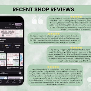 Customer review highlights for Made for Function Etsy shop showing satisfaction with printable health trackers and therapist-designed planners.