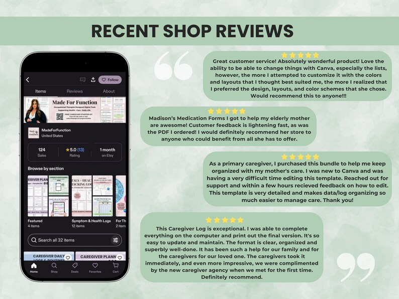 Customer review highlights for Made for Function Etsy shop showing satisfaction with printable health trackers and therapist-designed planners.