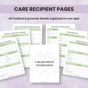 Patient care log pages for tracking daily caregiving tasks, notes, and observations