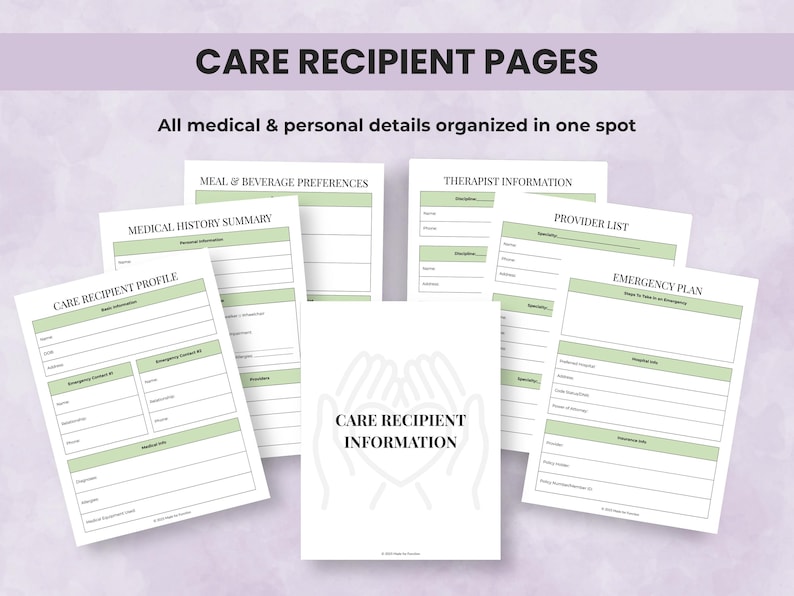 Patient care log pages for tracking daily caregiving tasks, notes, and observations