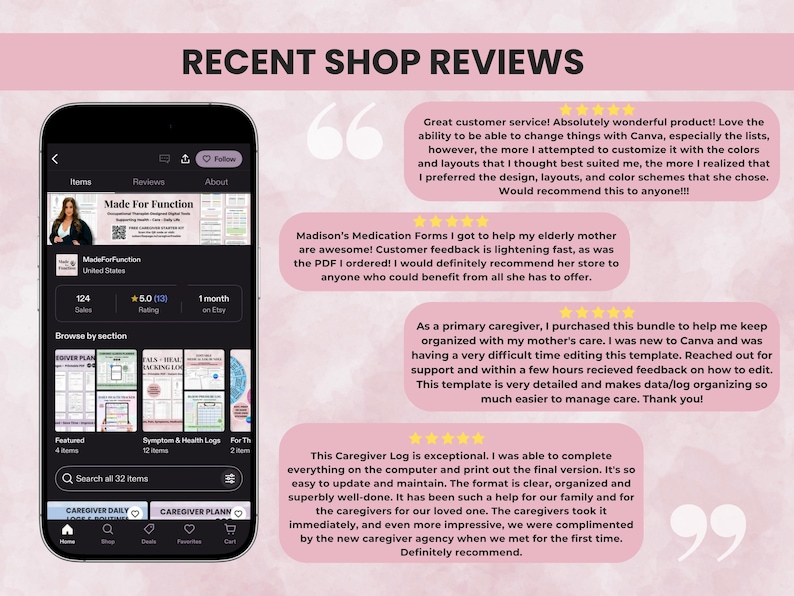 Customer reviews of Made for Function printables highlighting quality, usefulness, and OT-designed care.