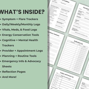 50+ chronic illness planner pages including symptom logs, medical history, appointments, treatment plans, and health trackers