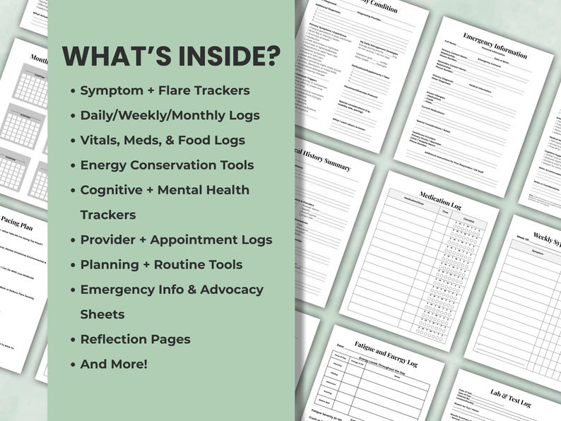 50+ chronic illness planner pages including symptom logs, medical history, appointments, treatment plans, and health trackers
