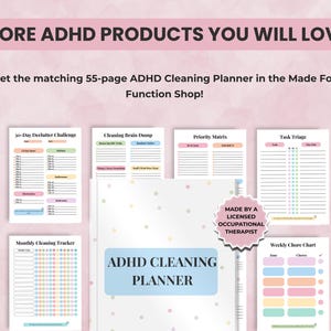 Cross-promotion slide featuring ADHD Cleaning Planner alongside the ADHD Brain Dump Templates for a complete executive function support system.