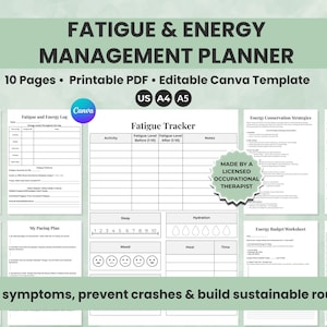 May include: A printable fatigue and energy management planner with 10 pages, available in US Letter, A4, and A5 sizes. The planner includes a fatigue tracker, energy budget worksheet, and other tools to help track symptoms and build routines. The text says "Track symptoms, prevent crashes & build sustainable routines!"
