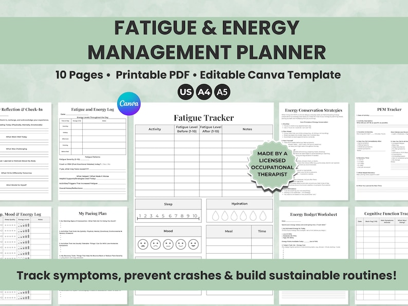 Fatigue & Energy Management Planner — 10-page printable and editable toolkit for symptom tracking, pacing, energy logs, and sustainable routines.