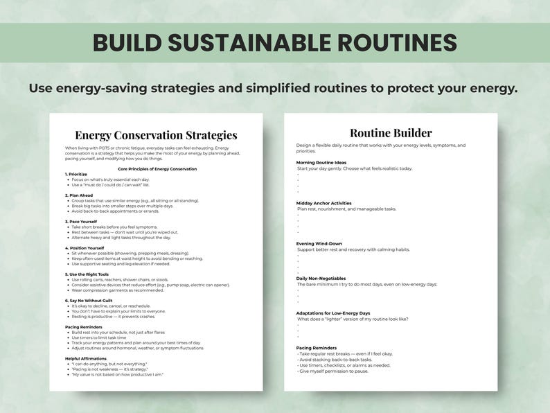 Routine builder pages to help create consistent, sustainable wellness and energy-saving routines.