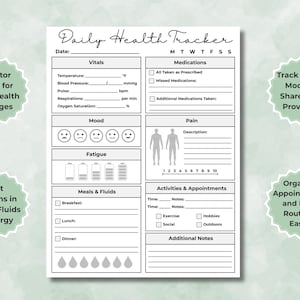 Black and white minimalist version of the Daily Health Tracker for printer-friendly chronic illness tracking.