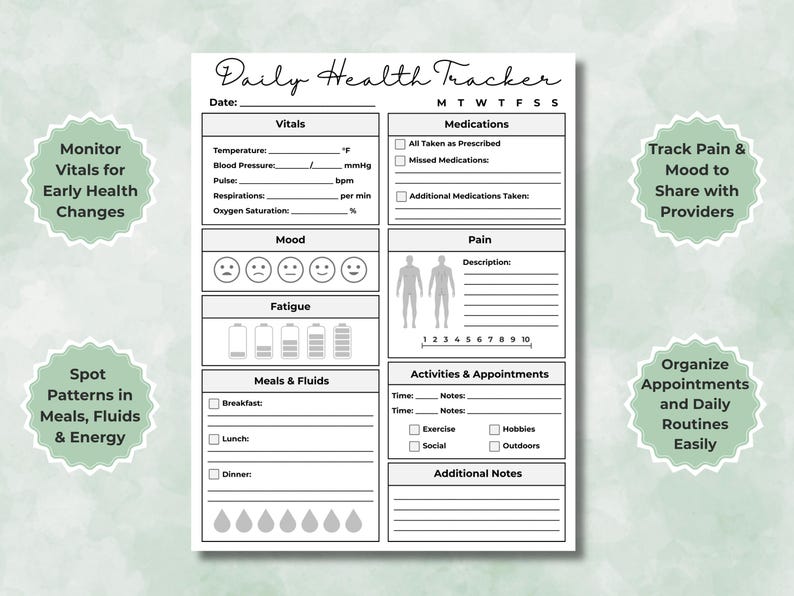 Black and white minimalist version of the Daily Health Tracker for printer-friendly chronic illness tracking.