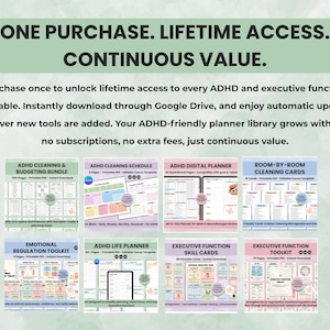 ADHD printable bundle with lifetime access and continuous updates to worksheets and planners