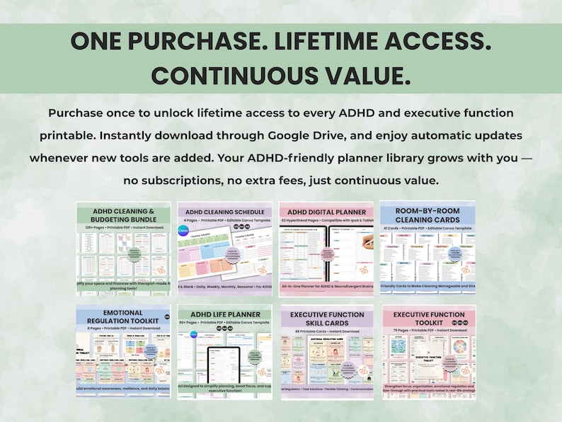 ADHD printable bundle with lifetime access and continuous updates to worksheets and planners