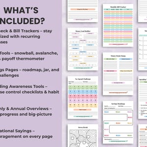 Overview of ADHD Budget Planner pages including paycheck budget templates, bill tracker, debt payoff tools, savings challenges, spending logs, and affirmations.