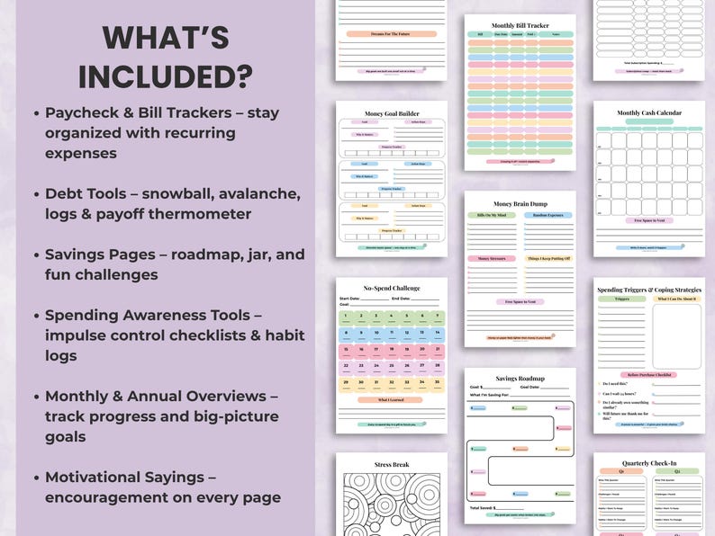 Overview of ADHD Budget Planner pages including paycheck budget templates, bill tracker, debt payoff tools, savings challenges, spending logs, and affirmations.