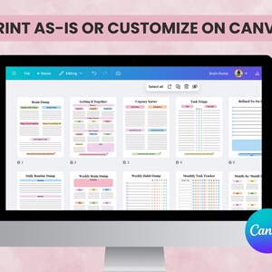 Editable ADHD planner shown on computer screen. Canva template allows customization of text, colors, and layouts for personalized brain dump planning.