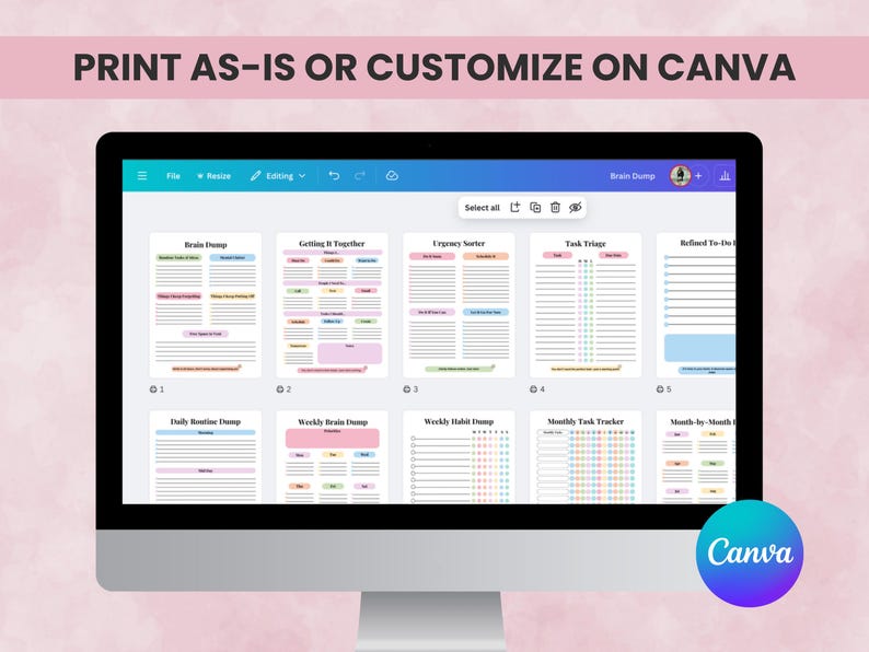 Editable ADHD planner shown on computer screen. Canva template allows customization of text, colors, and layouts for personalized brain dump planning.