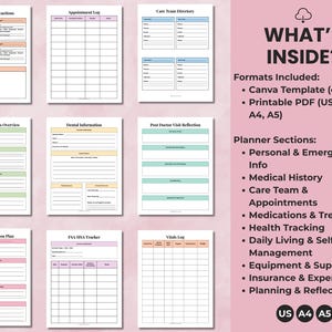 Overview of Medical Planner Printable sections including personal info, medical history, care team, medications, health tracking, insurance, and reflection pages.