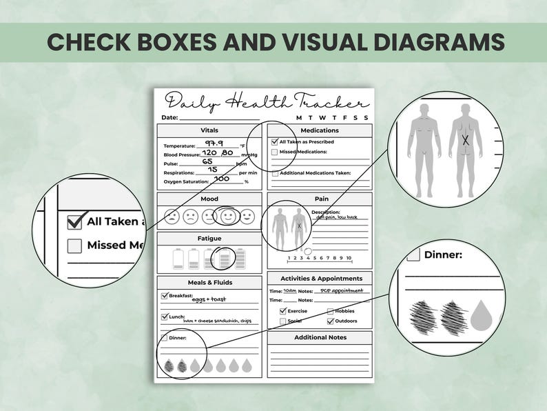 Printable health log sheets with check boxes, body pain diagram, and daily vitals chart for easy tracking and visual clarity.